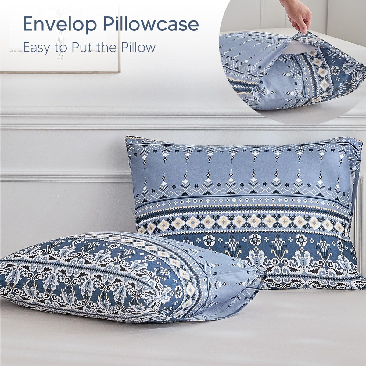 Lekesky Boho Duvet Cover King Size, Blue Comforter Cover King Size White Geometric Floral Printed Duvet Set, 3 Pieces Soft Microfiber Bedding Set with Zipper Ties (King, 104"x90")