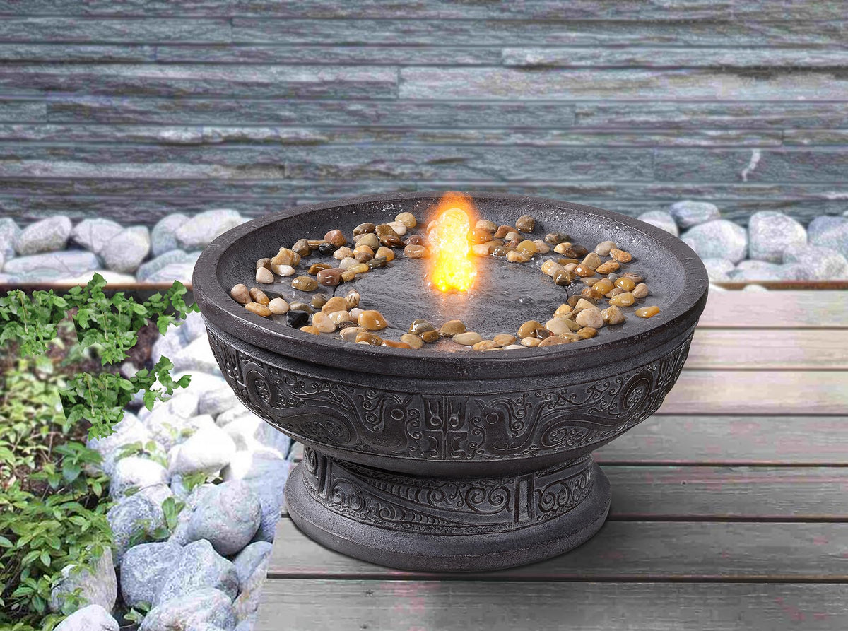 GOSSI Outdoor Water Fountain with Led Light Decorative Pedestal Bowl Design with River Stones Home Decoration, Modern Garden Fountain for Patio Decor
