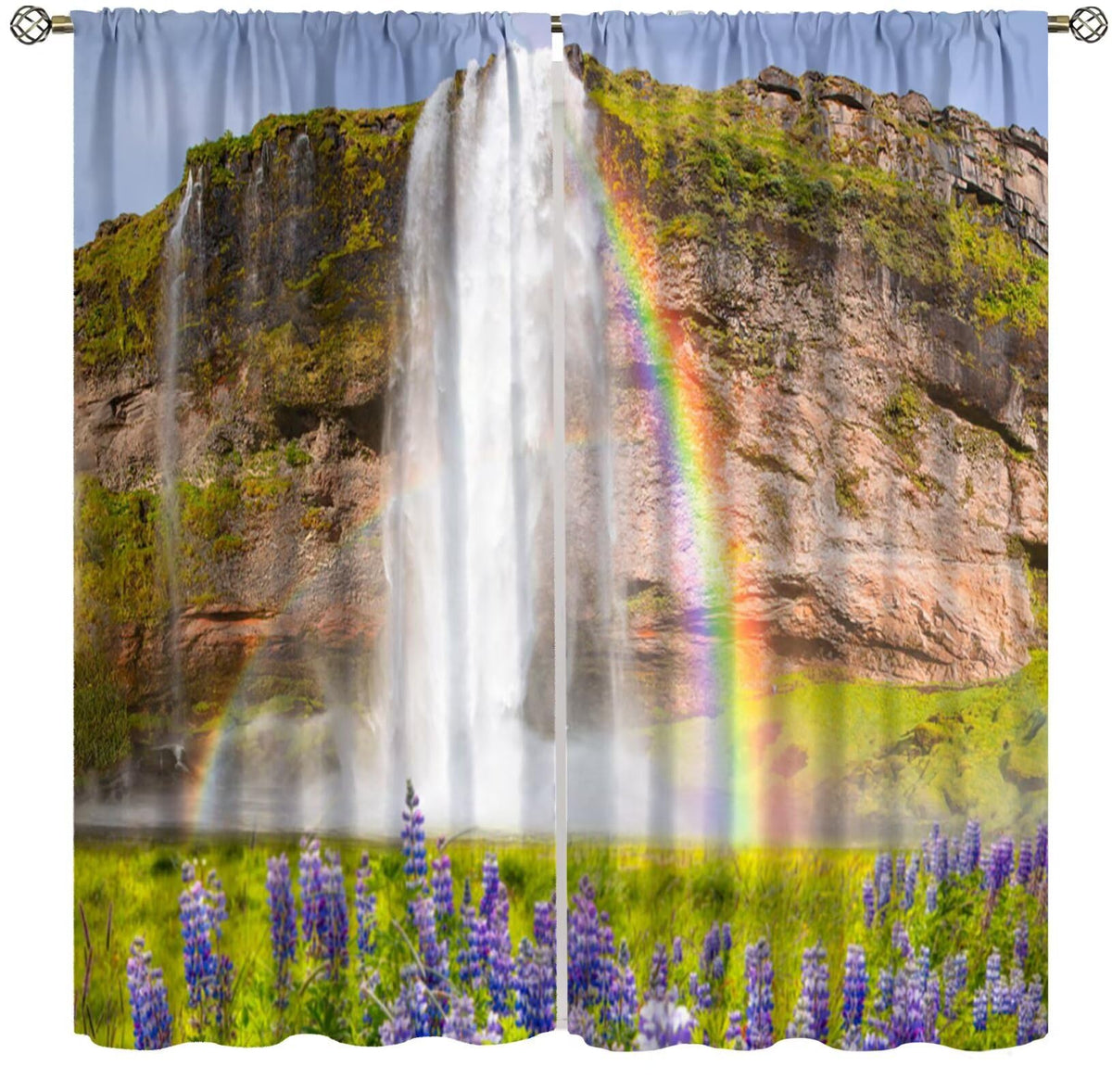 Rainbow Waterfall Curtain, Purple Wild Flower Green Plants Natural Scenery Landscape Print Decor Rod Pocket Window Drapes, for Bedroom Living Room 42" W X 45" L