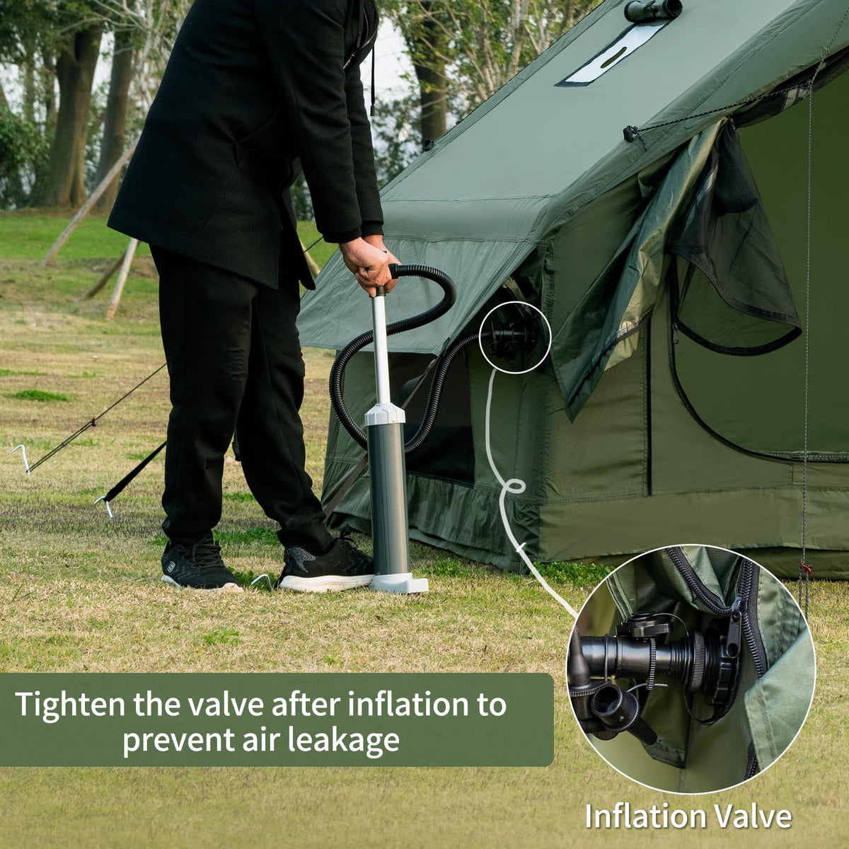 WaldZimmer Inflatable Camping Tent with Hand Pump Waterproof Outdoor Blow up Tent Oxford 4 Season Air Tent Cabin House with Mesh Windows & Door 12sq/6sq Green (9.74ft*6.46ft*6.56ft (3-4 Person))