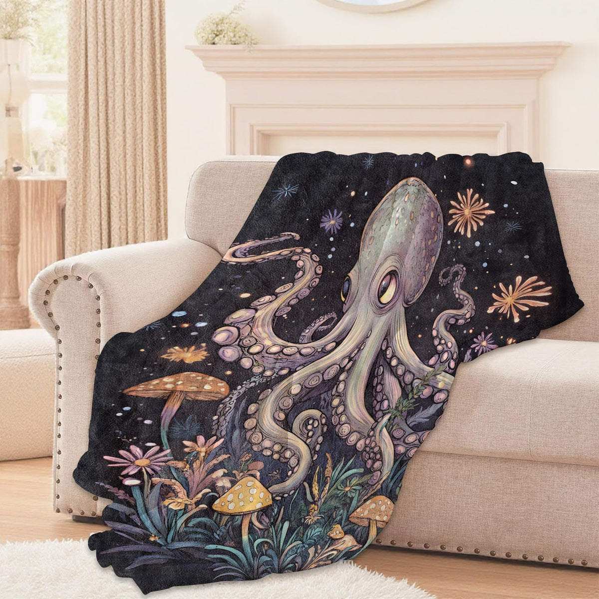 Lugiu Mystical Octopus Blanket, Lightweight Comfy Fascinating Marine Life Blankets for Couch Sofa Bedroom, Soft Plush Travel Flannel Ocean Throw Blanket Gifts for Women Adults Kids, Home Decor 60×50in