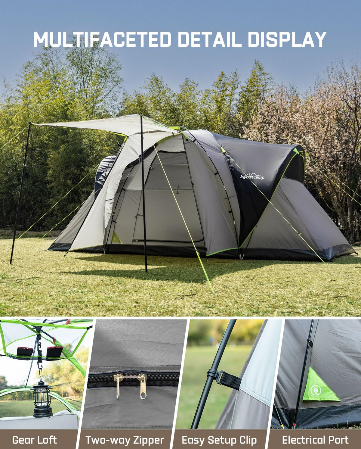 LOYEAHCAMP 8 Person Larger Extended Dome Camping Tent with 3 Rooms, Waterproof Semi-Freestanding Family Outdoor Tent with Porch and Spacious Interior
