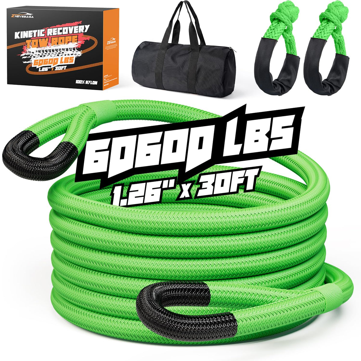Kinetic Recovery Rope,1.26" x30ft Heavy Duty Offroad Tow Rope/60600 lbs Snatch Strap with Soft Shackles, 100% Nylon Offroad Towing Straps Kit for Truck ATV UTV SUV Jeep Car Tractor - Green