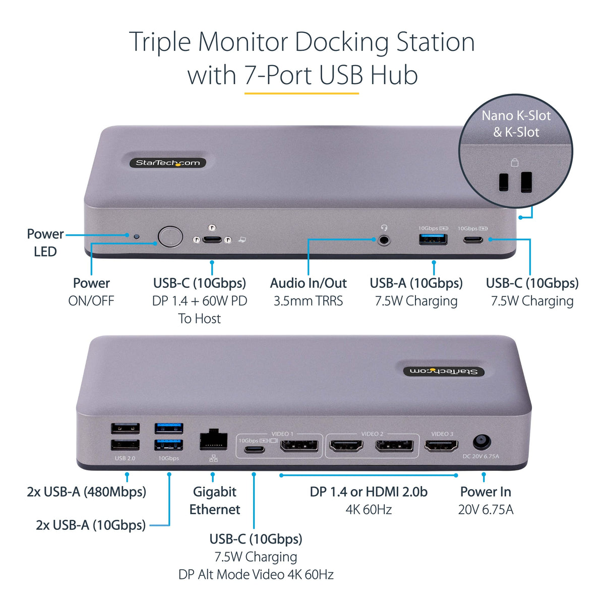 StarTech.com USB-C Docking Station Multi Monitor HDMI/DP/USB-C Video Output, Triple Monitor 4K30/Dual 4K60, 7-Port USB Hub, 60W Power Delivery, GbE, 3.5mm Audio, Works with Chromebook, TAA