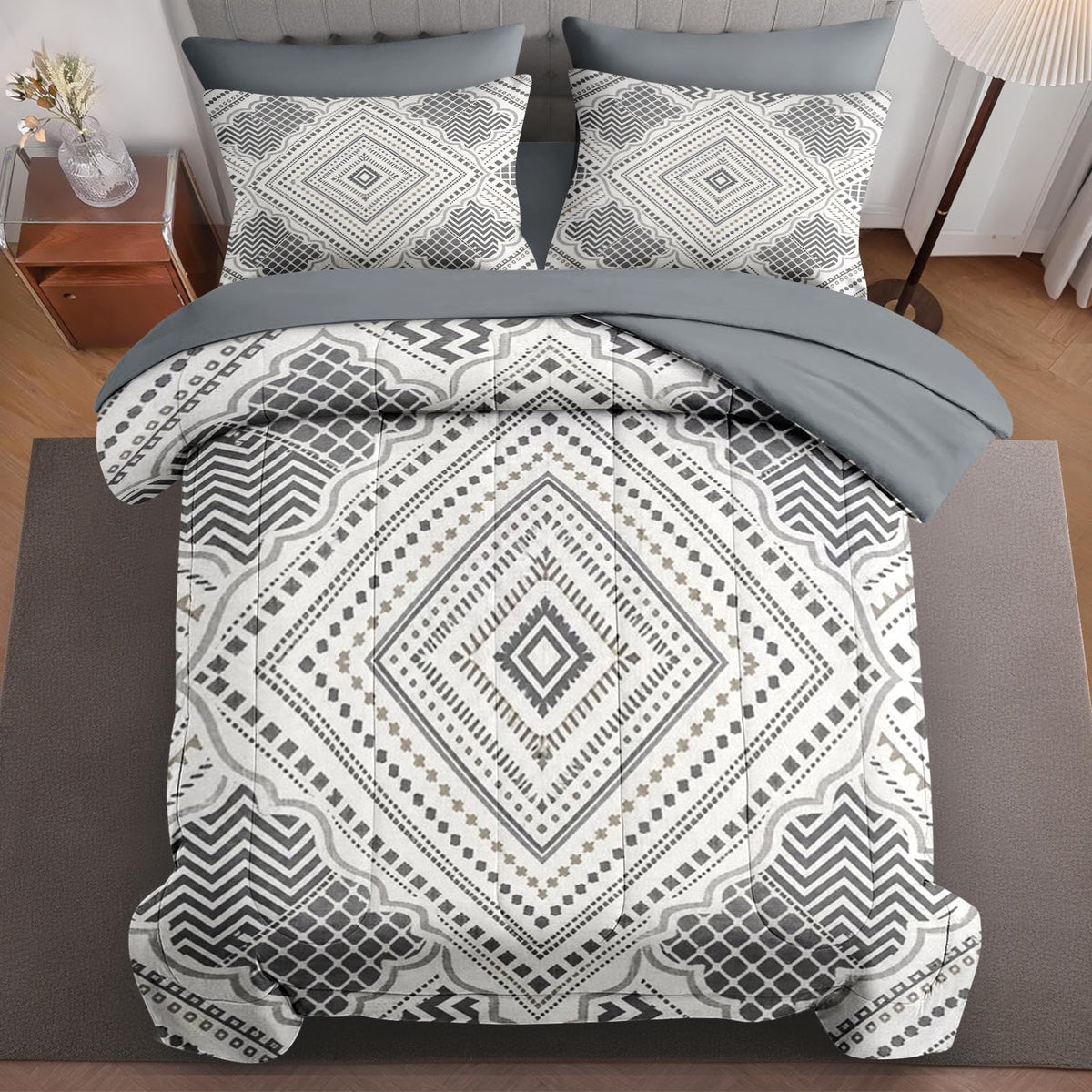 Boewywh Comforter Set Twin Size Boho Geometric Aztec 7 Pcs, Bedding for Kids and Adults, Farmhouse Grey Bed Sheet Sets with Fitted Sheet 2 Pillowcases & 2 Shams for Bedroom Bed Decor