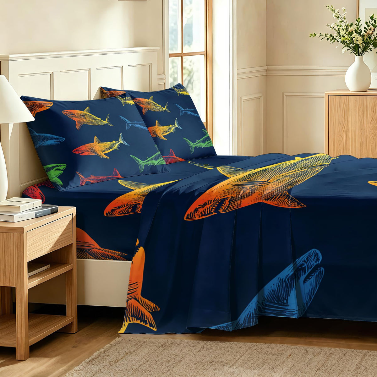 Shark Bedding Set 3 Pcs Marine Life Twin Sheets, Navy Blue
