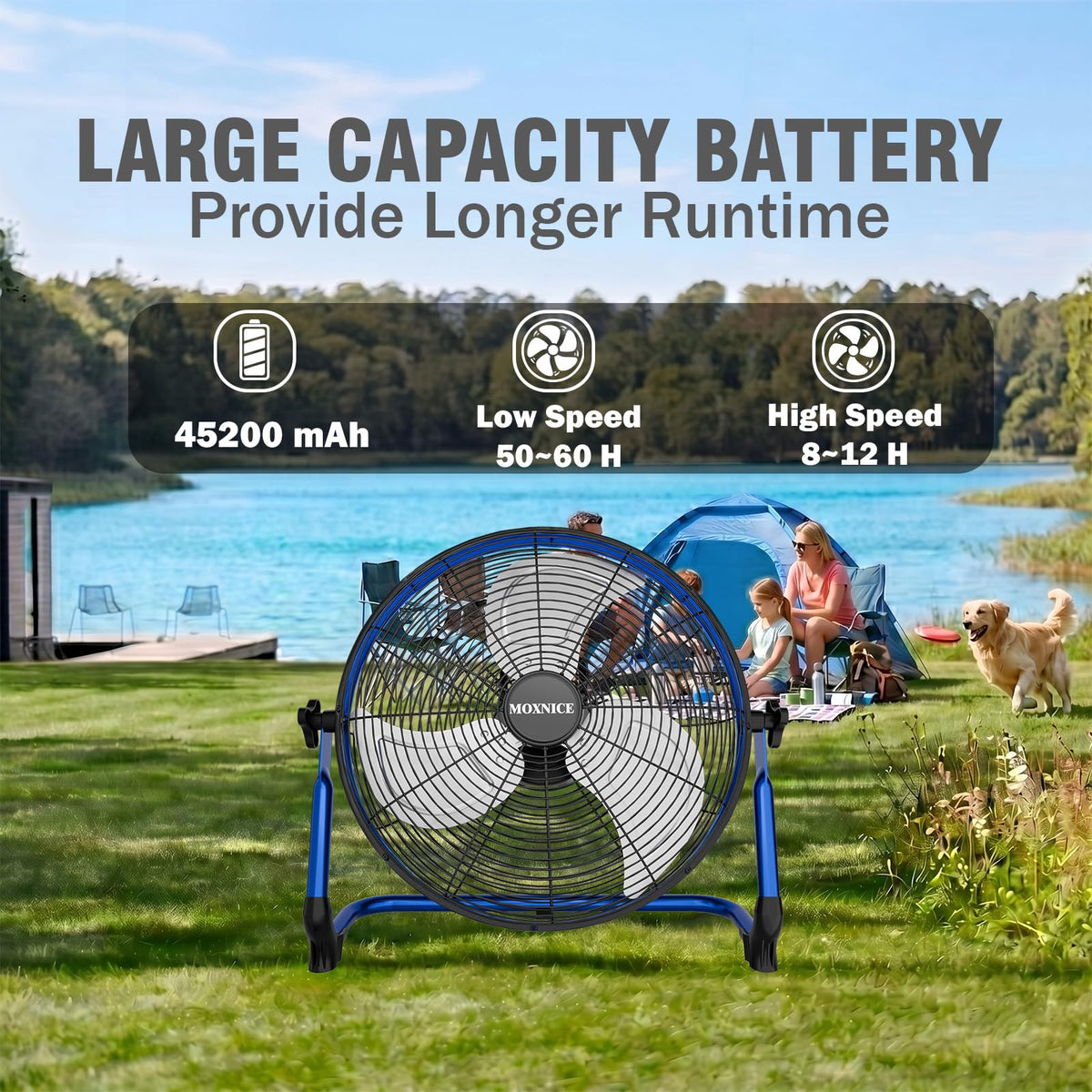 MOXNICE 20" Portable Battery Operated Floor Fan, High Velocity Battery Fan, Rechargeable Wireless Battery Powered Fan, Waterproof, USB Output, 360°Adjustable Tilt for Home Outdoor Garage Greenhouse