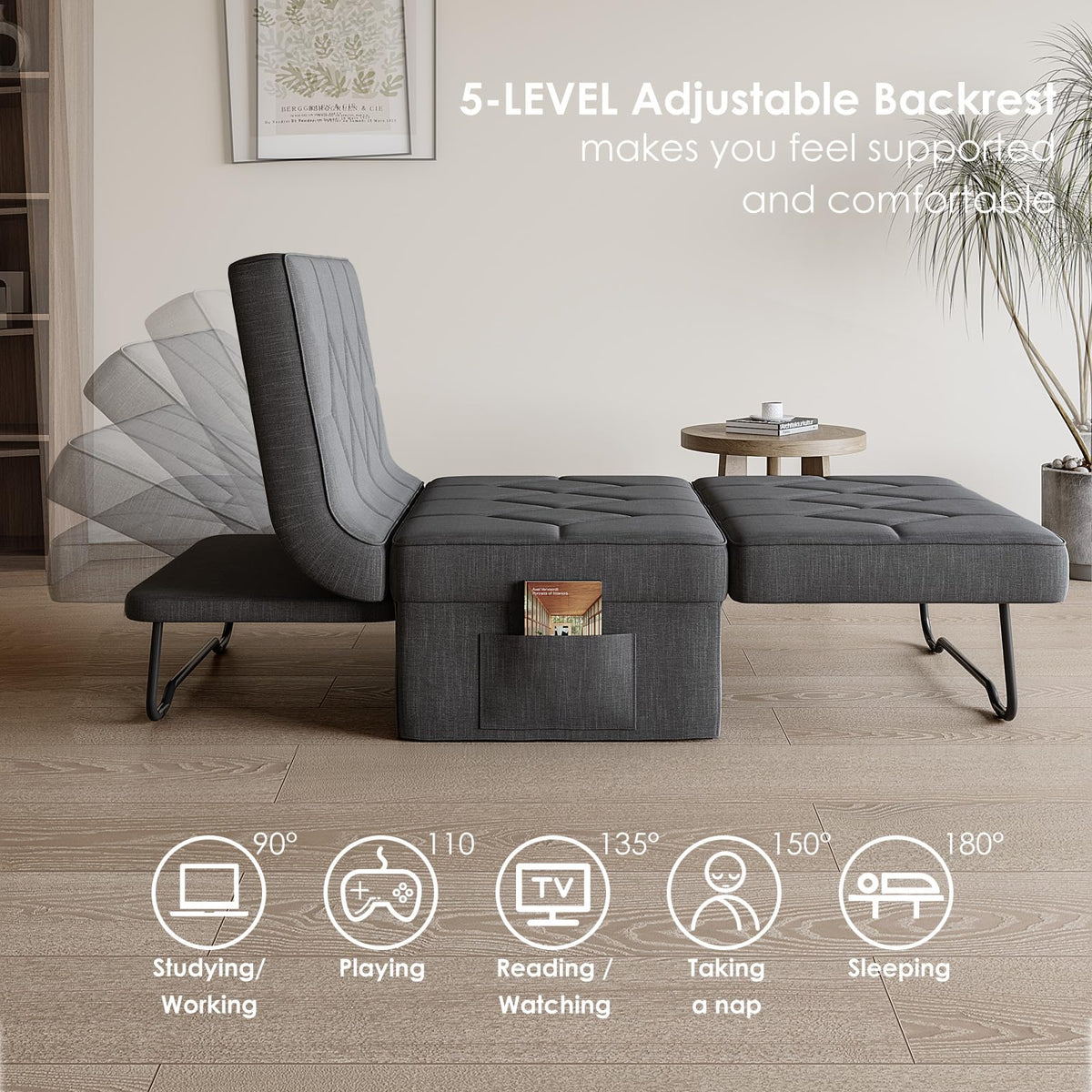 DSNAPE Ottoman Bed with 5-Level Adjustable Backrest, 70" D x 34" W 4-in-1 Convertible Sleeper Chair Bed, Folding Sofa Bed for Living Room, Apartment, Dorm & Small Space, Dark Grey