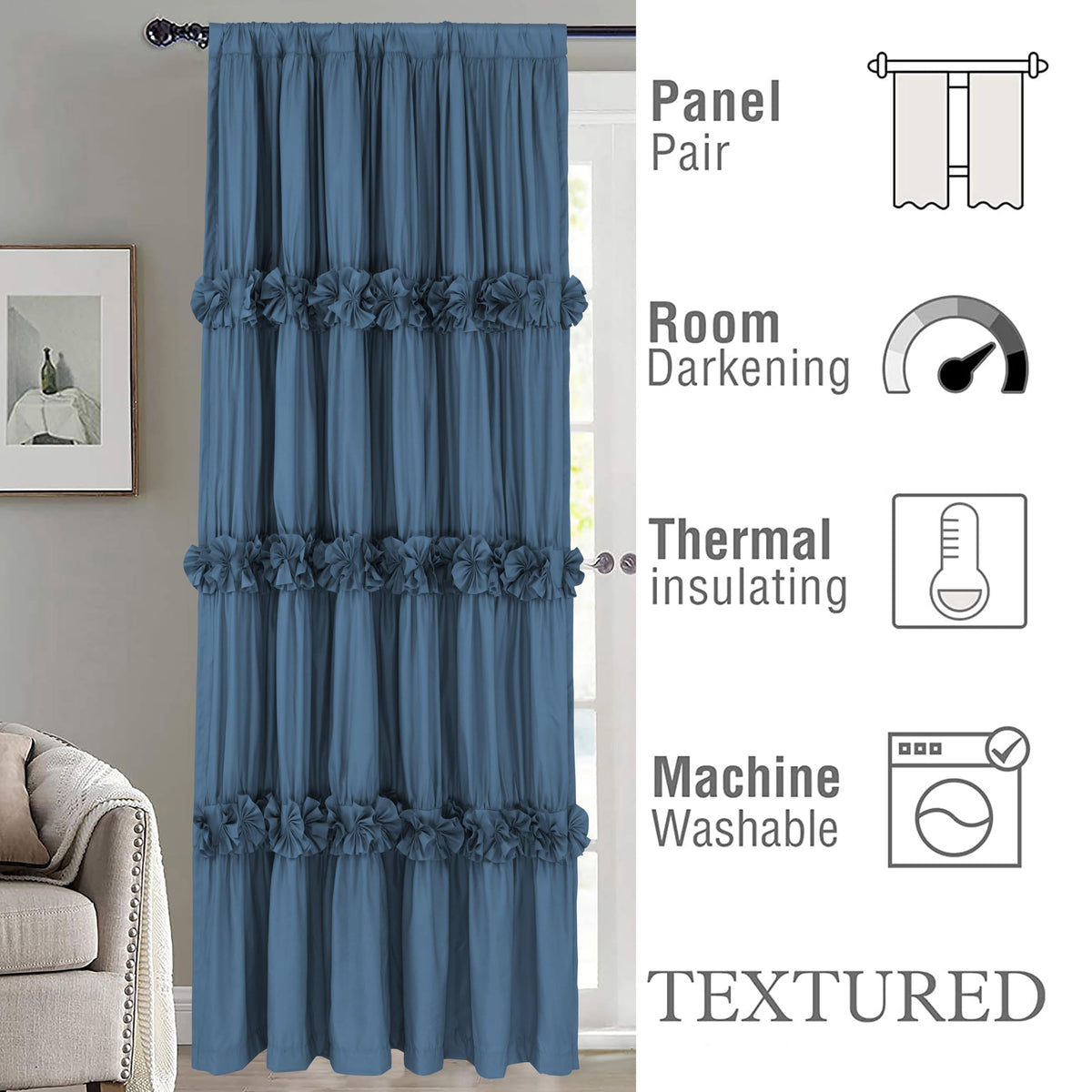 Homechoice Decor Thermal Insulated Blackout Window Curtains, 54" W x 84" L x 2 Panels, Boho Ruched Window Treatments with 3 Rows of Butterfly Flowers, Rustic Rod Pocket Drapes, Dusty Blue (LQ-30)