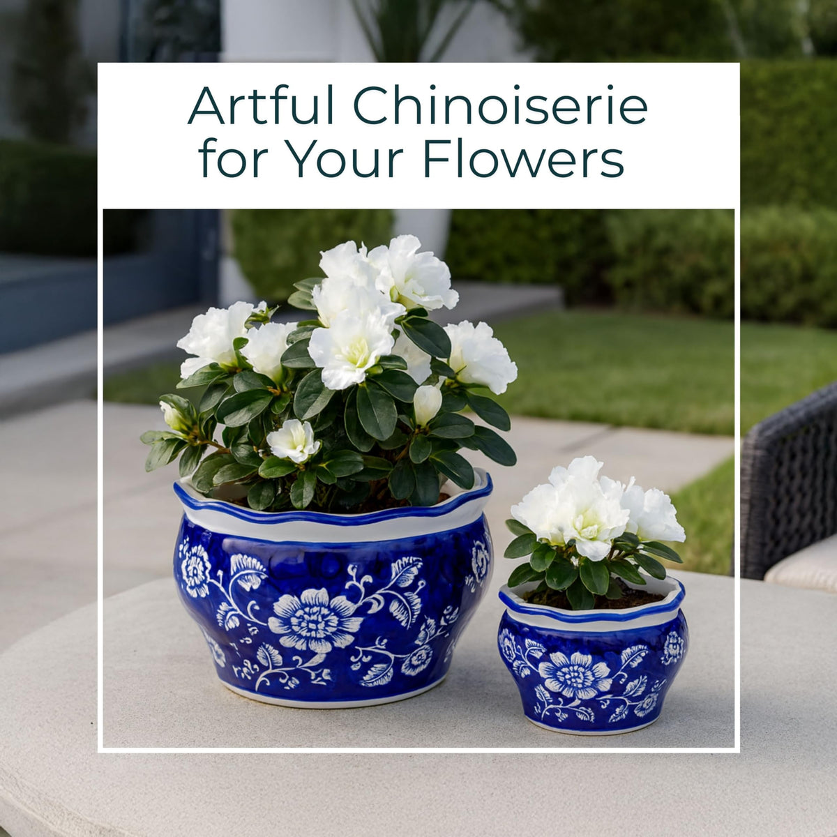 Set of 2 Round Chinoiserie Decorative Ceramic Planter Pots – Stoneware Outdoor & Indoor Plant Pots with Drainage – Modern Garden & Home Decor Planters – 6" & 5", Blue & White