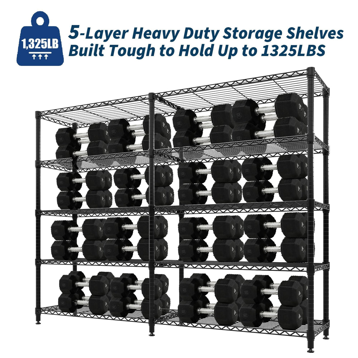 5-Shelf Heavy Duty Metal Storage Rack, 71" Wide Adjustable Wire Shelving with 1325 lbs Load Capacity, L-Shaped Design for Garage, Kitchen, Pantry, Basement, and Warehouse, 70.5" H x 15.8" D