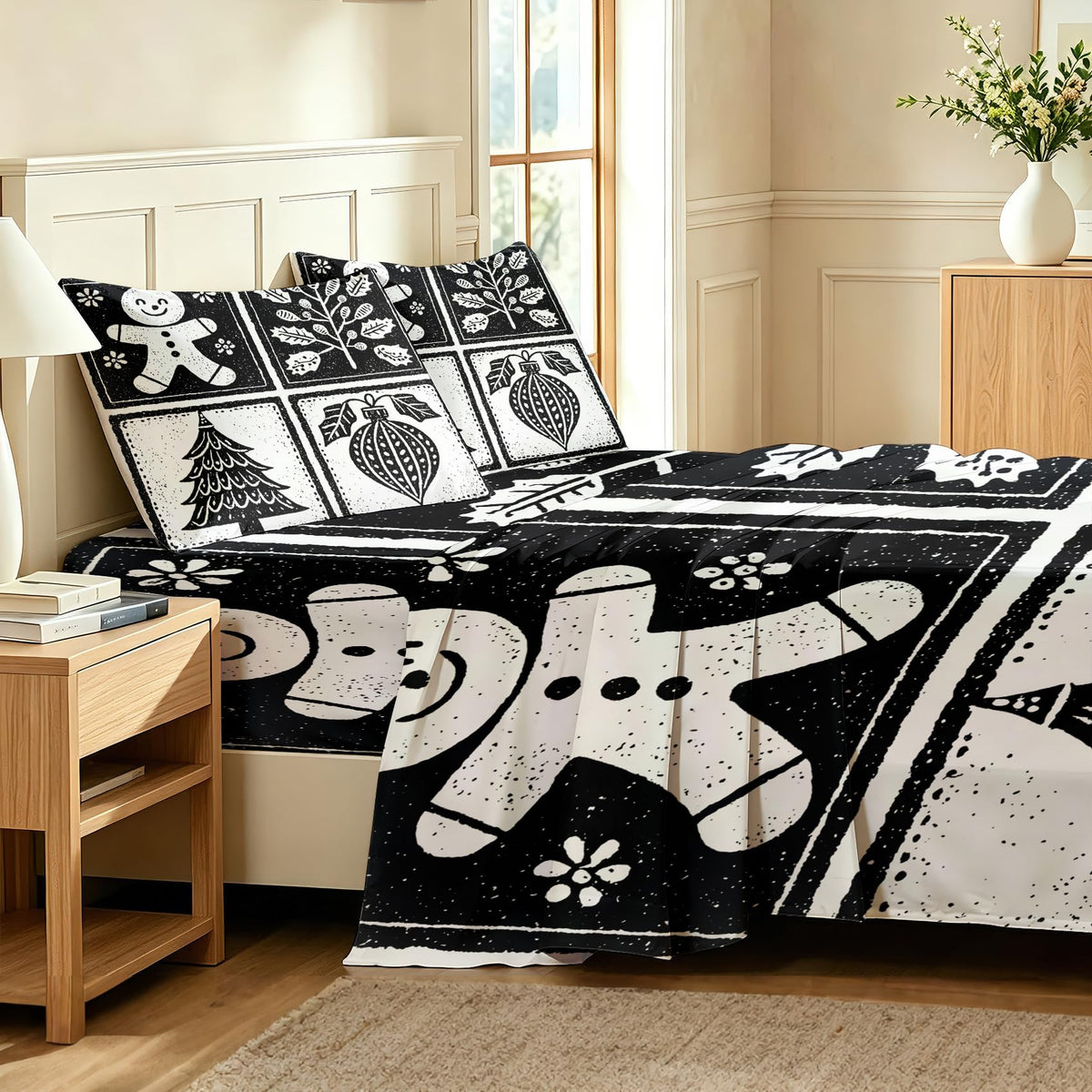 Gingerbread Man Sheet Set, 3 Pcs Twin Size Xmas Bed Sheets, Black White