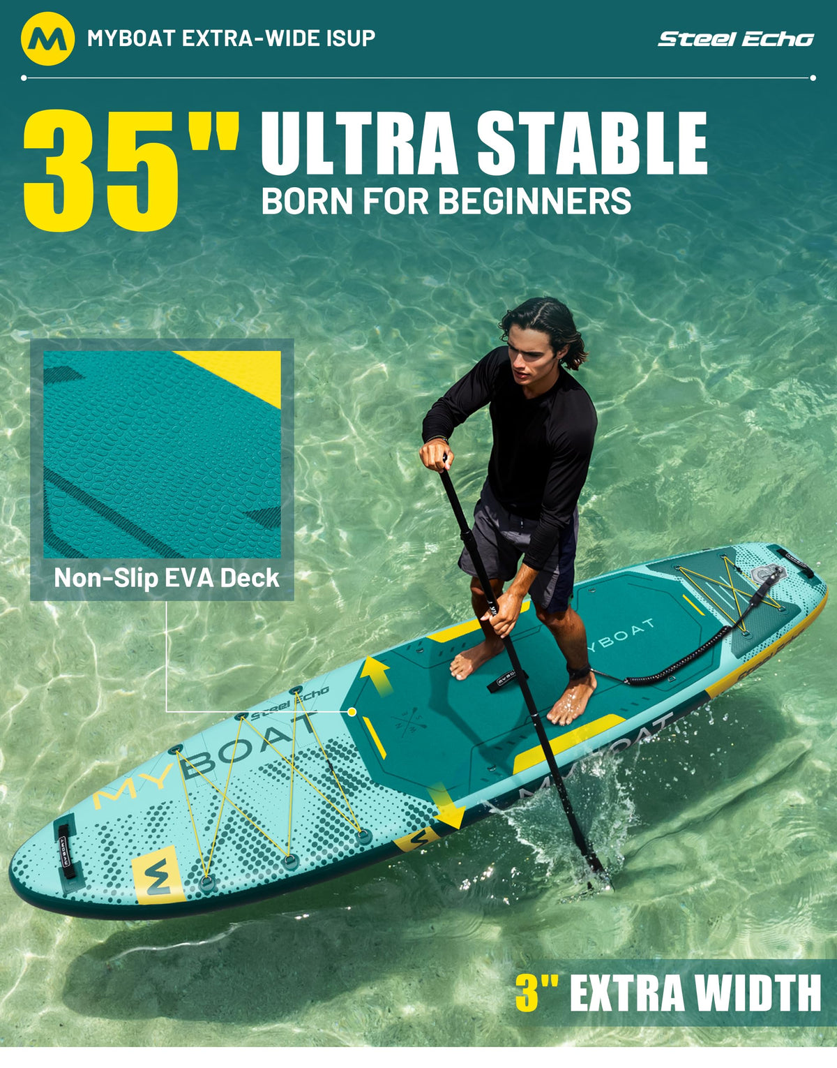 MYBOAT 11'6" Extra Wide Inflatable Paddle Board, 450LB Max Capacity Stable SUP for 2-3 People, Non-Slip Stand Up Board for Beginners & Fishing, Versatile 15 D-Rings, Dual Bungee, 3-Fin Stability