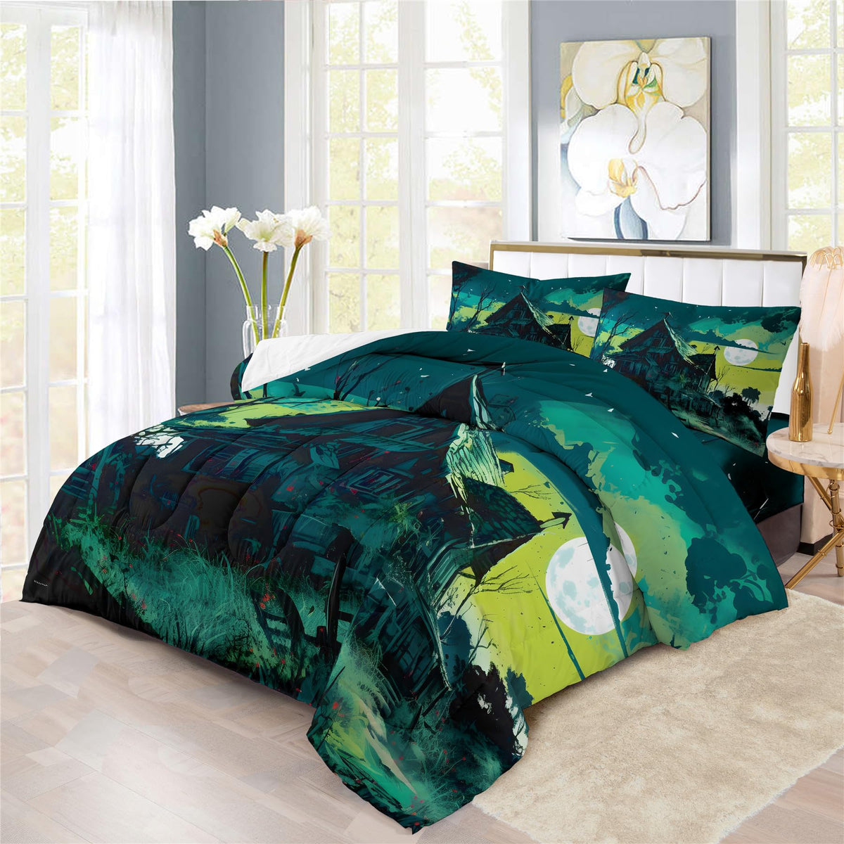 Halloween Ghost Haunted House Design Comforter Set | Horror Festive Night Spooky Manor Prints Bedding Set | with Soft Comforter+2 Pillow Shams(3PCS) or Sheet (4PCS) (B,Full-3PCS)
