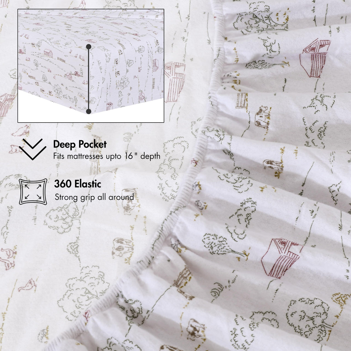 RUVANTI Flannel Sheets Queen Size - 100% Cotton Double Brushed Bed Sheets, Deep Pockets 16 Inches Queen Sheet Set, All Seasons Breathable & Extra Soft - Warm & Cozy, 4 Piece, Rustic Homestead