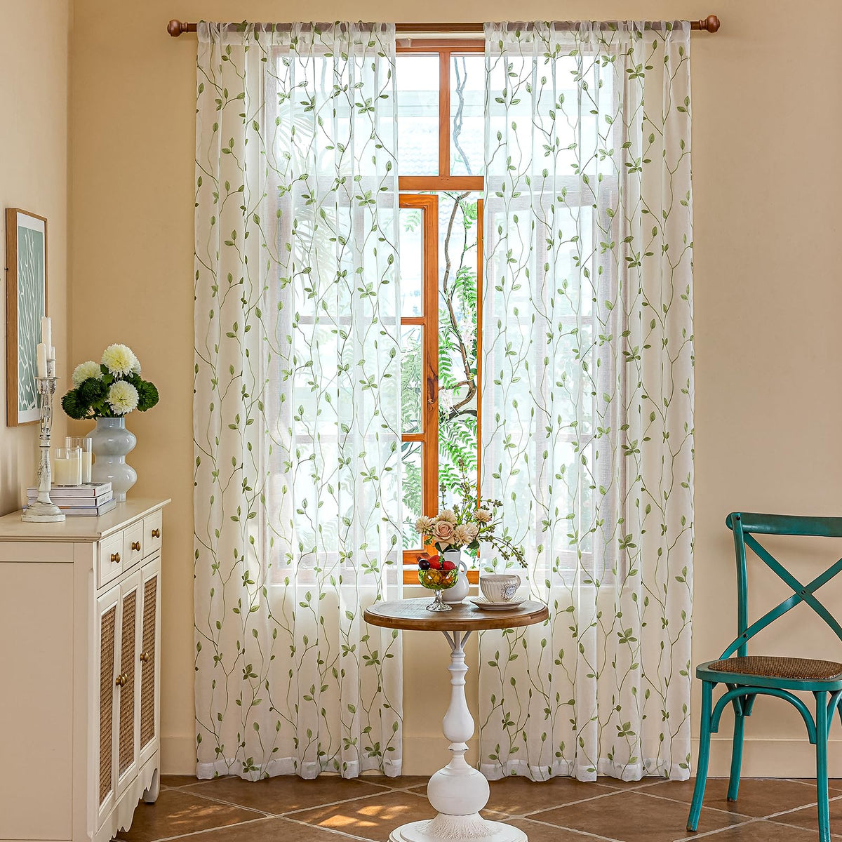 AmHoo 2 Panels Embroidered Leaf Pattern Semi Sheer Curtains Foliage Floral Voile Window Draperies Treatment for Bedroom Living Room Rod Pocket White Light Green 53 x 95 Inch
