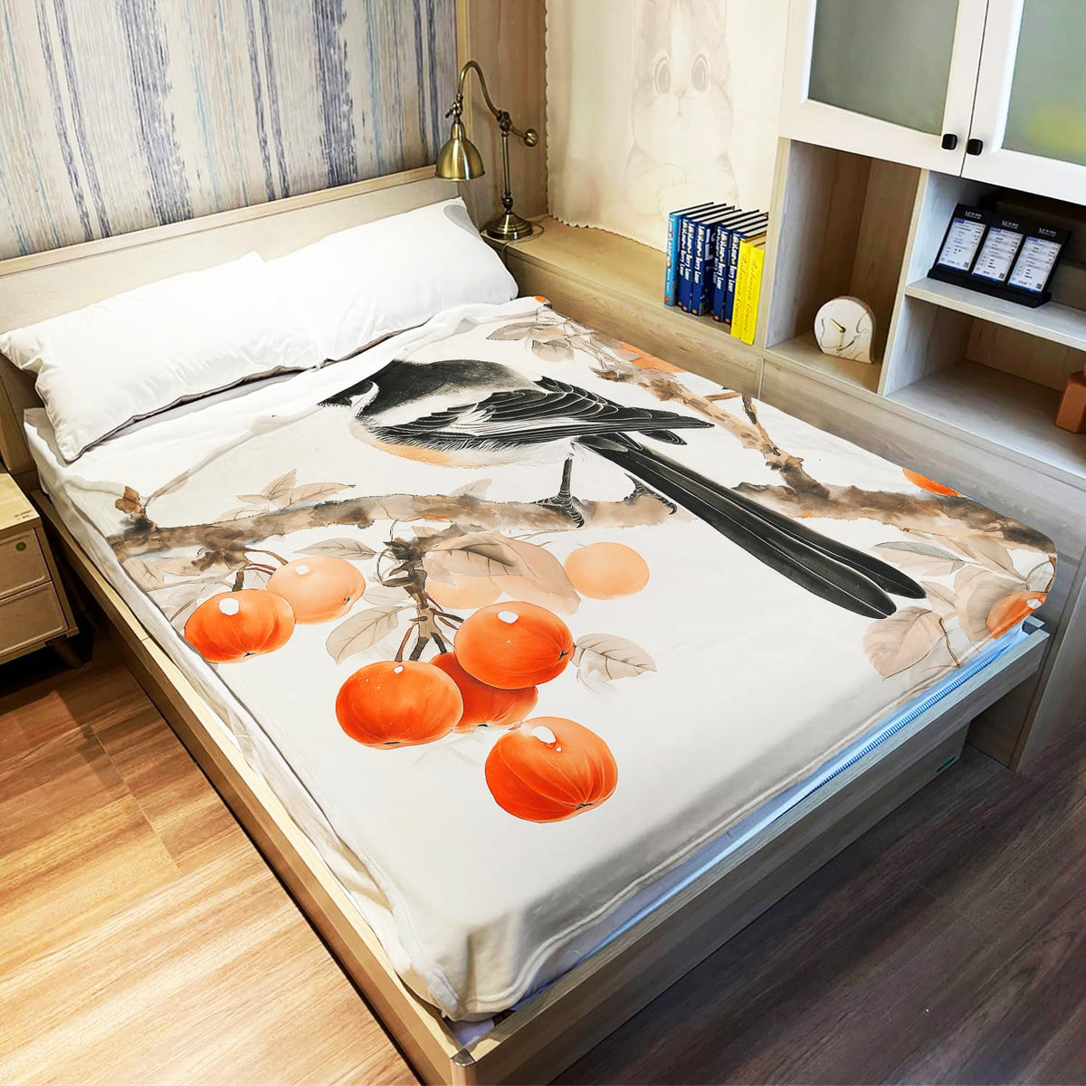 Persimmons & Magpie Blanket, Traditional Art Home Decor, Super Soft Fleece Throw Blankets for Couch Sofa Bed, 50" x 60"