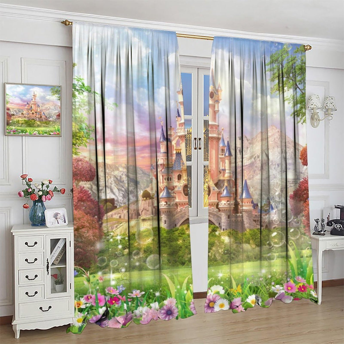 Pink Castle Curtains For Children Romantic Fairy Tale World One Garden Floral Castle Pattern Rod Pocket Window Drapes For Kids Girls Boys Bedroom Living Room 2 Panels Set 41x 45 in （No Blackout）