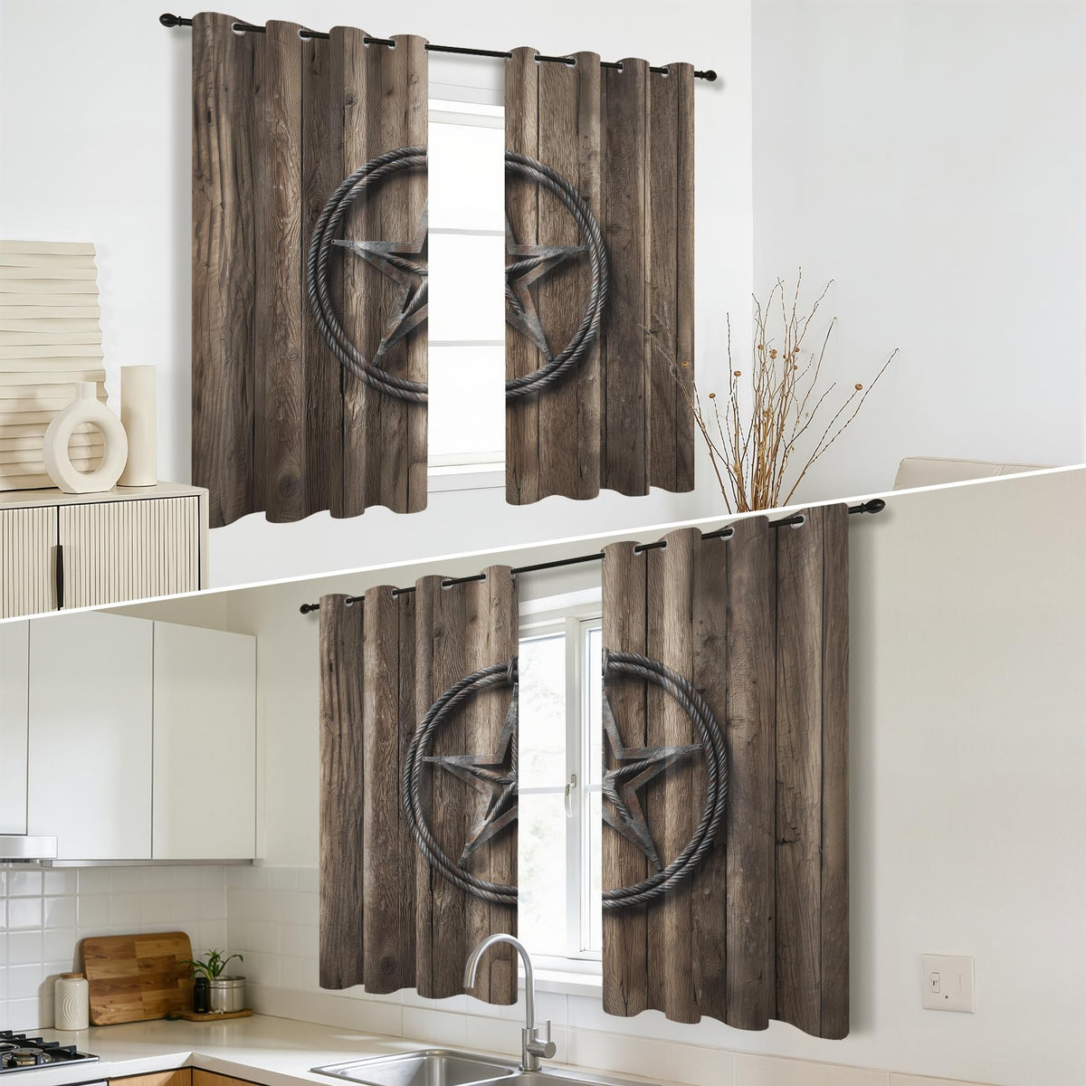 Solvivae Rustic Barn Door Curtains 54 Inch Length, Texas Star Blackout Curtains for Bedroom Living Room, Room Darkening Thermal Insulated Grommet Drapes, Western Window Curtain
