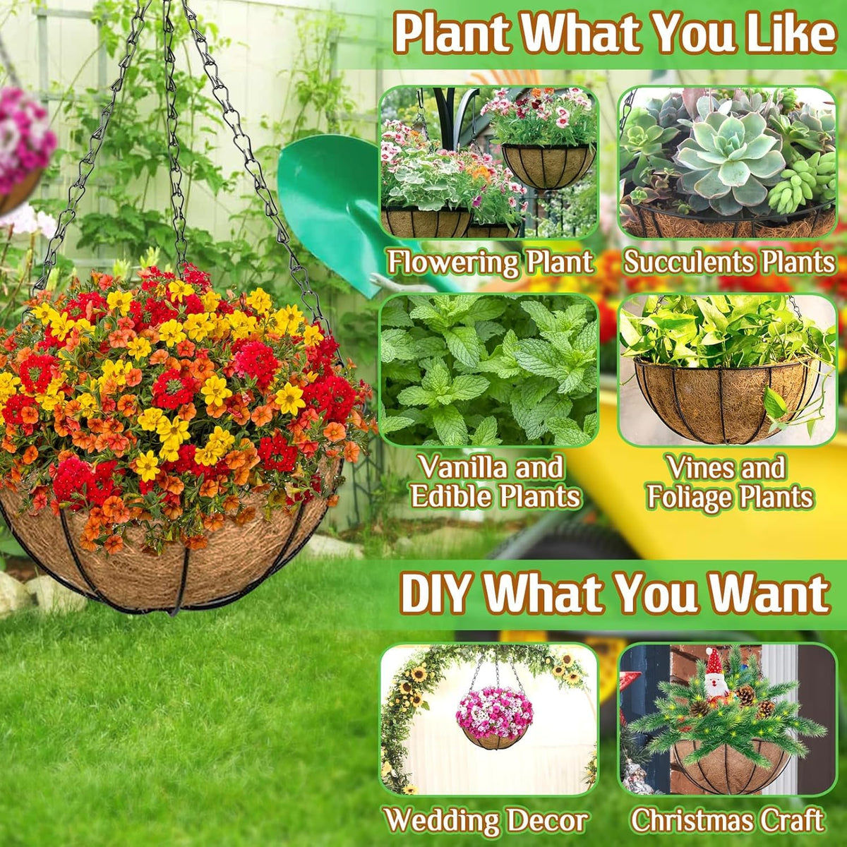 ZeeDix 2 Pack 18 Inch Large Hanging Baskets for Plants Outdoor with Coconut Liners Replacement, Hanging planters Baskets with Natural Coco Liner for Outdoor Indoor Planters Flowers Vegetables