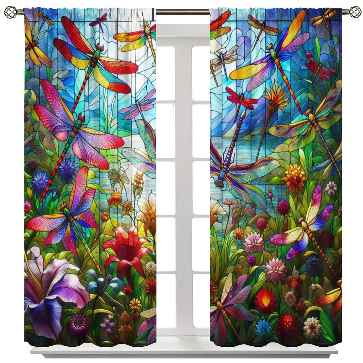 FengMingRui Dream Stained Glass Curtains Dragonfly Flowers Fantasy Nature Scenery Floral Blackout Window Treatments for Kids Boys Girls Bedroom Living Room Window Drapes 42" W X 45" L