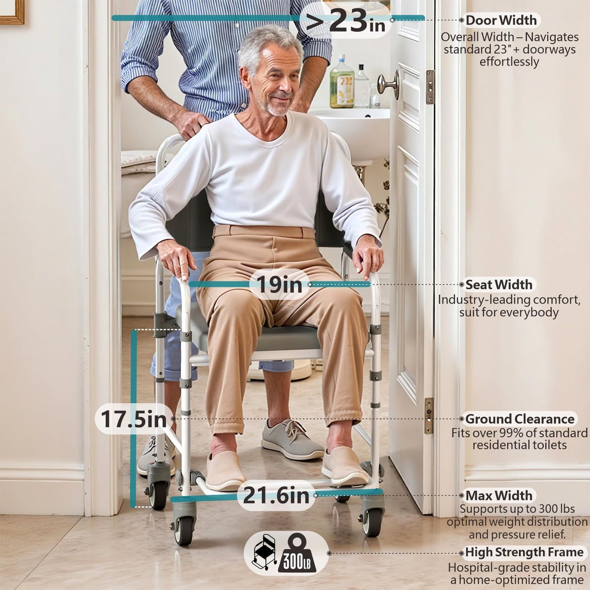 Littneo Bedside Commode with Wheels, Shower Wheelchair with 300 LBS Weight Capacity, Portable Toilet with Bucket for Elderly and Disabled