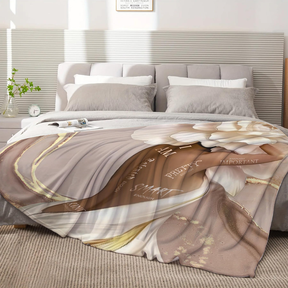 Yookeb African American Flower Throw Blanket Black Girl Woman Sexy Marble Inspirational Motivational Positive Soft Warm Gift Flannel Blanket for Couch Sofa Chair Bed or Dorm, 50 x 60 Inch