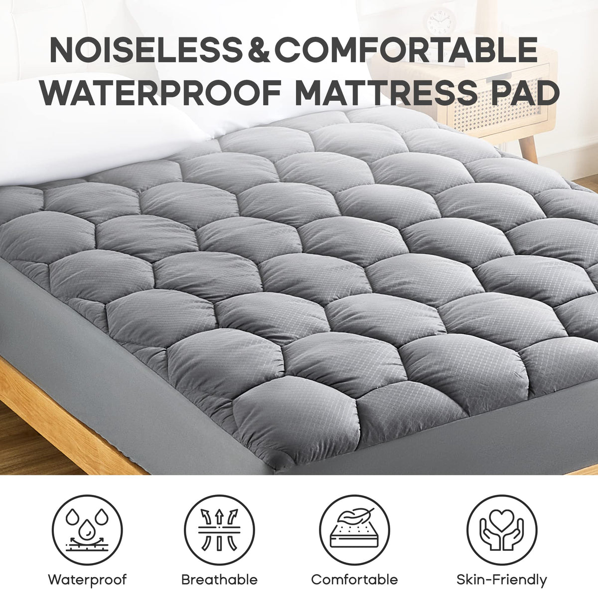 Sonive Waterproof Mattress Protector,Full Size Mattress Topper with Deep Pocket up to 21'',Quilted Fitted Waterproof Mattress Pad,Ultra Soft & Supportive, Durable & Easy Care, Oeko-Tex Certified Grey