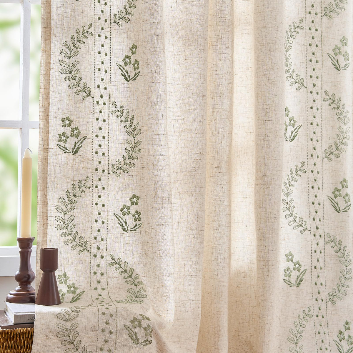 jinchan Belrose Lined Linen Blend Curtains Floral Curtains for Bedroom 96 Inch Length Sage Green Embroidered Drapes Rod Pocket Farmhouse Flower Drapes for Living Room Window Treatments Set 2 Panels