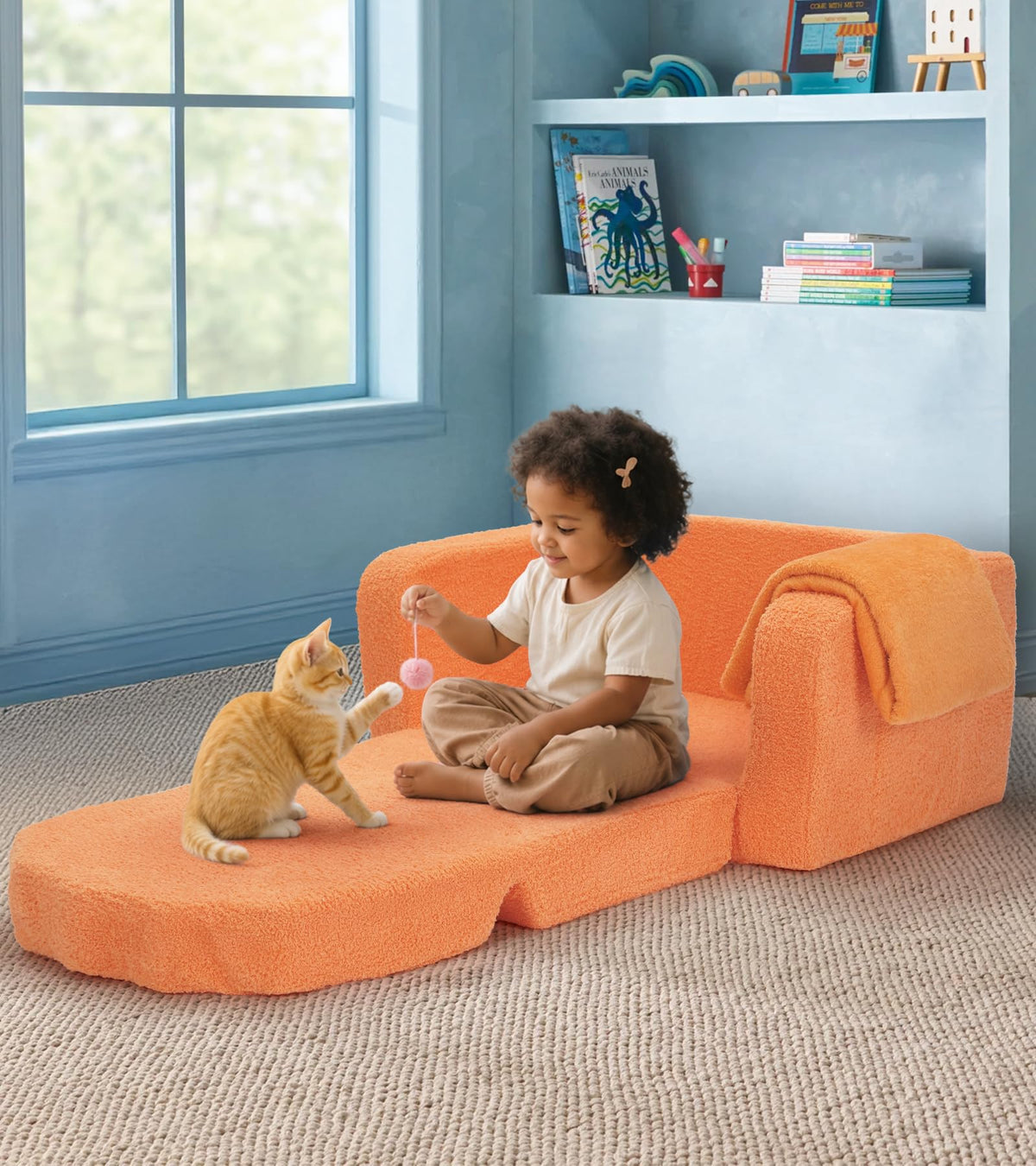 Foryoomi Upgraded Kids Couch, 2-in-1 Soft Top-Flip Fold Out with Blanket, Comfy Convertible Plush Sofa Chair, Great Gifts for Little Ones, Lion