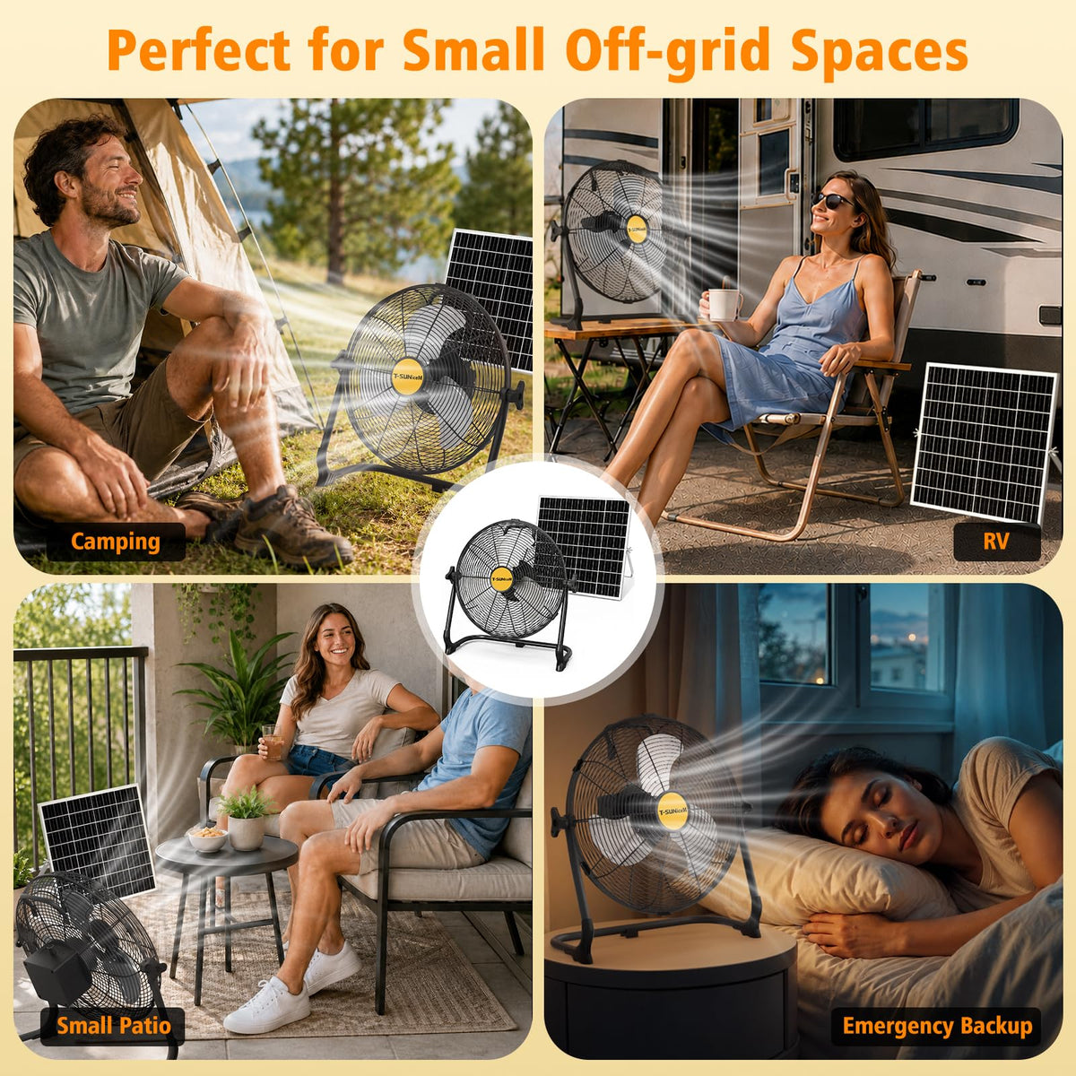 T-SUNiceM 12" Solar Powered Fan for Tent Camping, RV Trips & Patio, Rechargeable Cordless Floor Fan with Solar Panel, USB Output for Bedside Backup, Porch, Greenhouse, Chicken Coop
