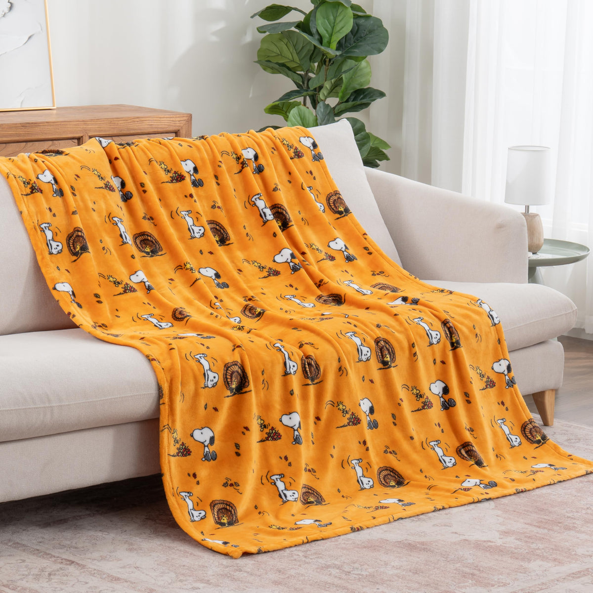 Berkshire Blanket Peanuts® VelvetLoft® Cute Character Snoopy Plush Throw Blanket,Snoopy and Woodstock Fall Birds & Leafs Orange,Throw 55 in x 70 in (Official Peanuts® Product)
