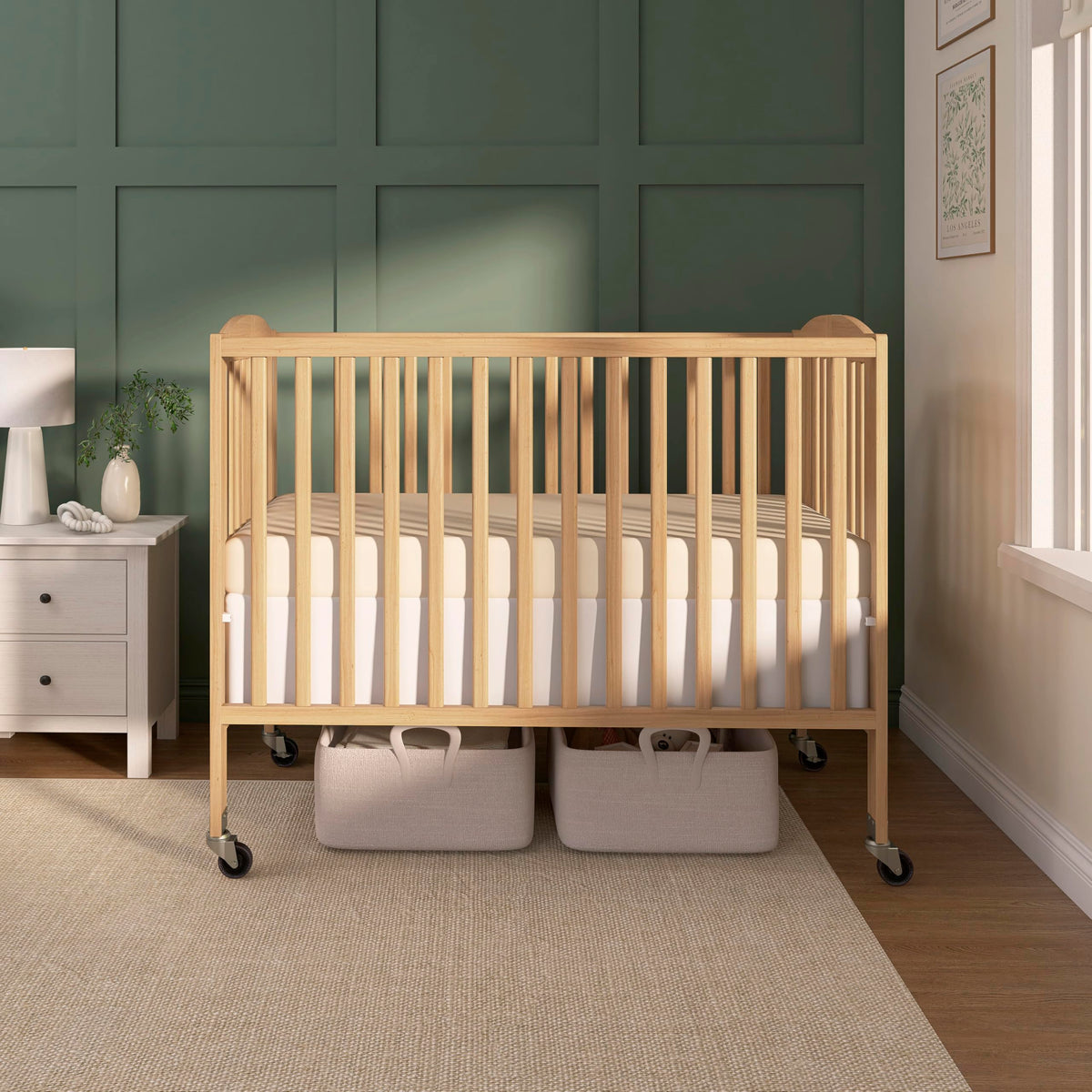 Dream On Me Folding Full Size Convenience Baby Crib with Durable Metal Wheels, Portable Space-Saving Design, 2 Adjustable Heights, Easy Fold Flat Storage, GREENGUARD Gold & BSA Certified, Natural