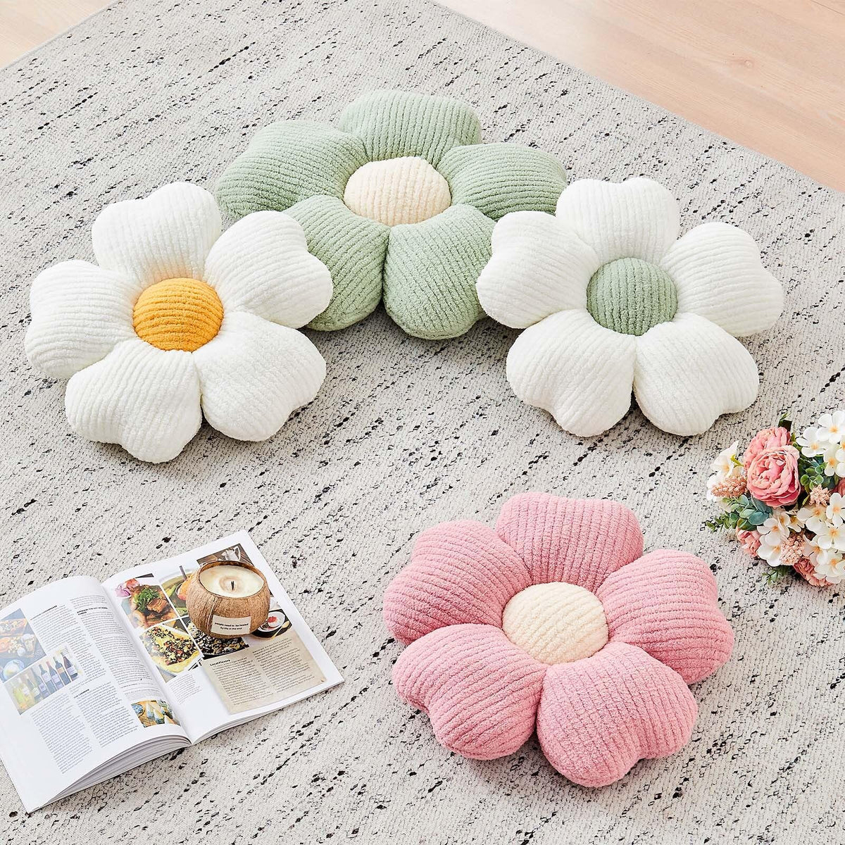 Kcvvcr Flower Throw Pillow, Cute Flower Shaped Pillow Decorative Throw Pillow for Bed Couch, Soft Daisy Pillows Floor Seating Cushion Cushions (14.9 Inch White+Green)