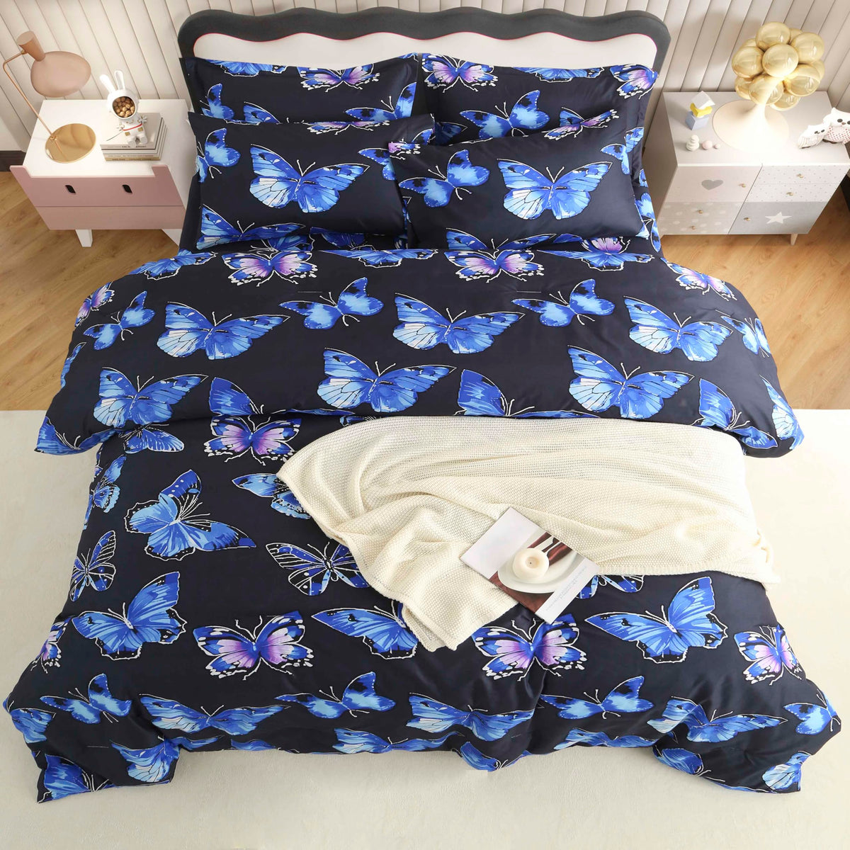 SDY 7PCS Butterfly Bedding Twin Bed in A Bag Twin Girls Boys and Kids with Butterfly Comforter, Flat Sheet, Fitted Sheet and Pillowcases & Shams