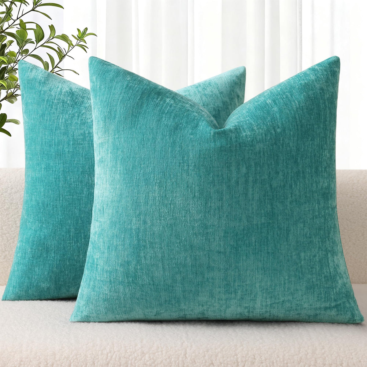 decorUhome Chenille Turquoise Summer Throw Pillow Covers 18x18 Inch Set of 2, Decorative Soft Couch Pillow Covers Solid Dyed Accent Farmhouse Neutral Square Pillow Cases for Sofa