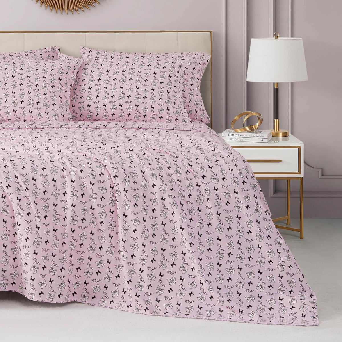 Juicy Couture Printed Microfiber 6-Piece King Sheet Set, Polka Dot Bow Toss Light Pink
