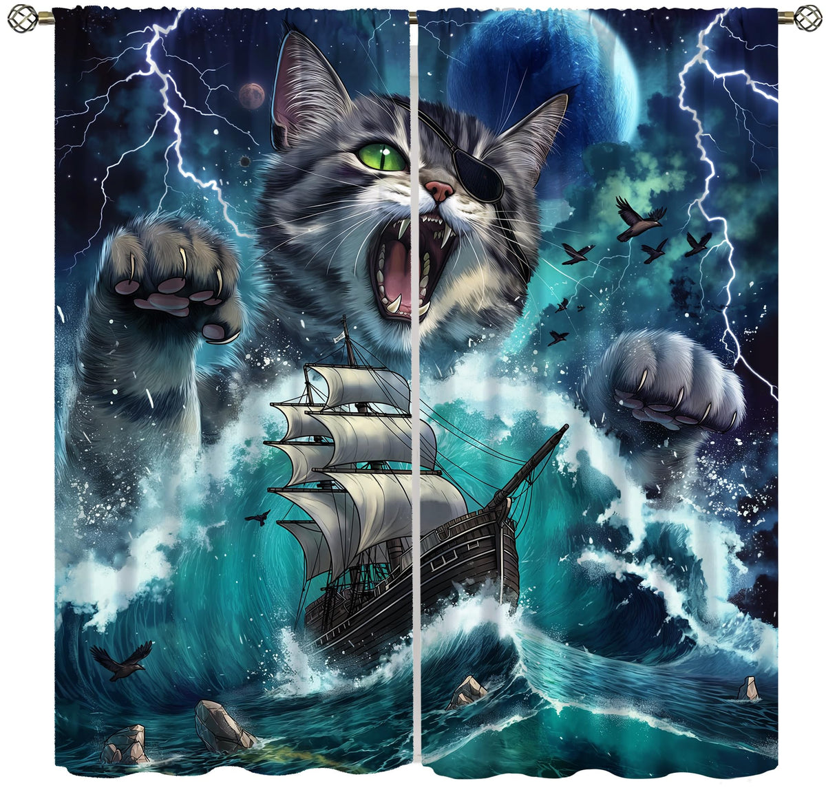 Pirate Cat Curtains for Kids Funny Pirate Ship Sea Ocean Waves Nautical Sailboat Moon Cool Animal Beach Seagull Cute Pattern Window Treatments For Boys Teen Bedroom Living Room 42x44.5In（No Blackout）