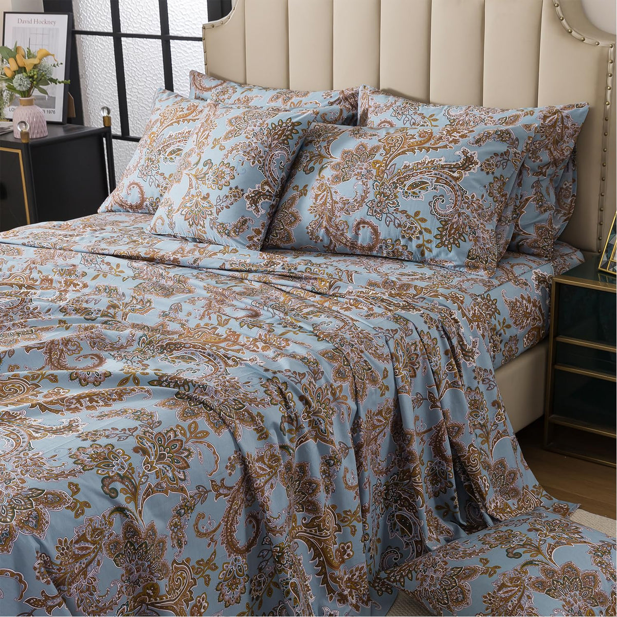 FADFAY King Sheet Set, Vintage Blue Paisley 4-Piece 100% Cotton Bed Sheets, Soft & Breathable Deep Pocket Fitted Sheet, Classic Elegant Style for All Seasons