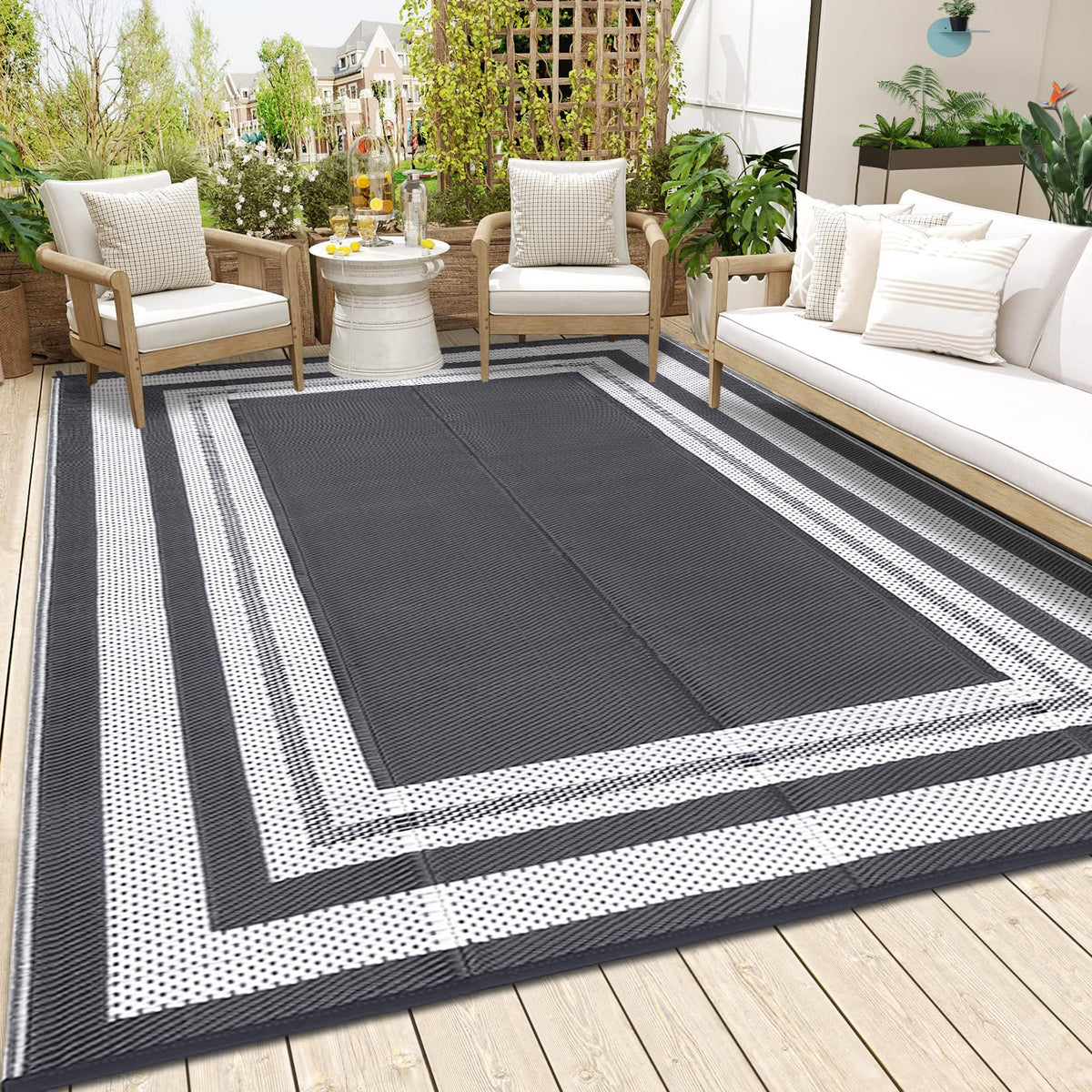 GlowSol Outdoor Rug 9x18 Waterproof Outdoor Plastic Straw Rug, Lightweight Portable Outside Solid Carpets Reversible Plastic Straw Patio Rug for RV Camping Picnic Beach Backyard Deck,Grey