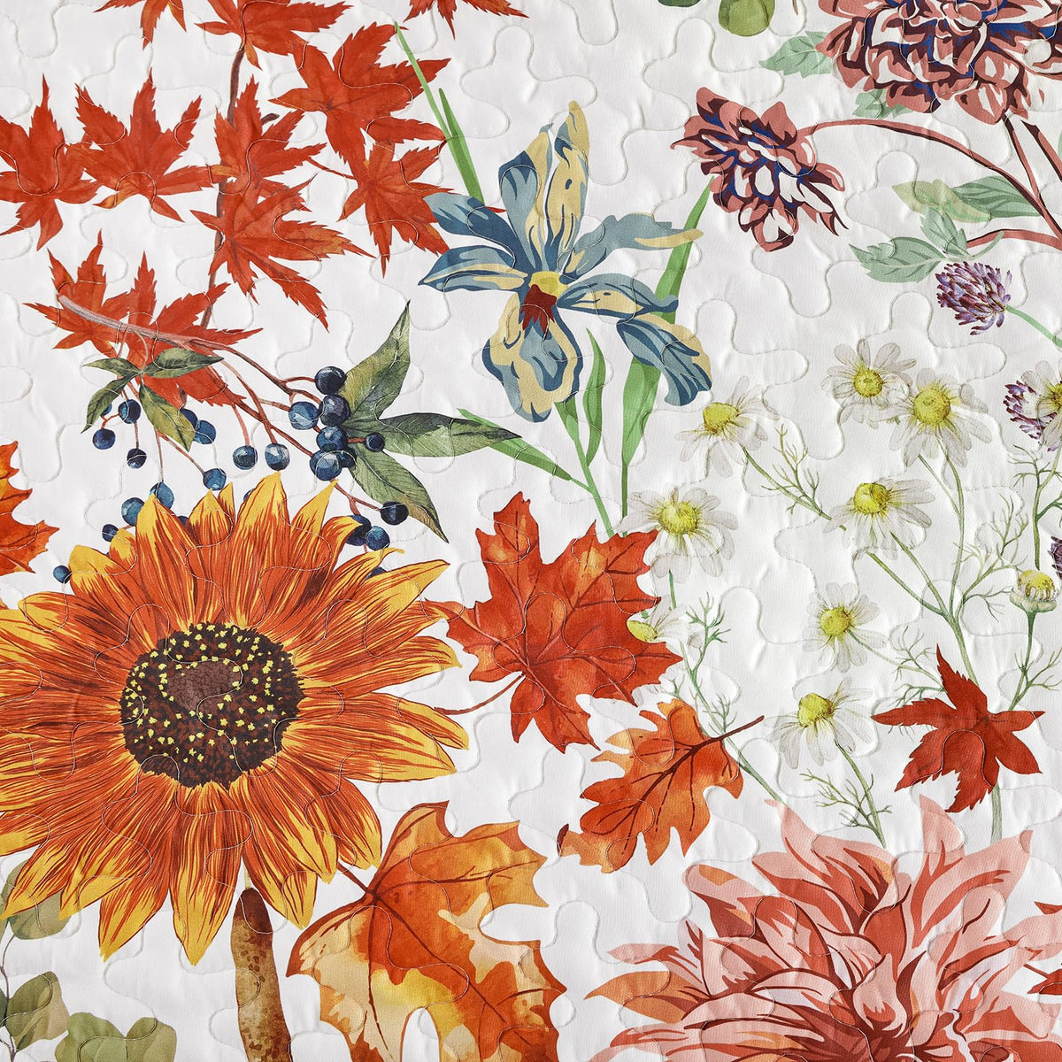 Yiran Fall Floral Quilt Set Queen Size, Orange Red Sunflower Botanical Bedspread Bedding Set, 3 Pieces Soft Lightweight Microfiber Coverlet with 2 Pillow Shams for All Season 96x90 Inch