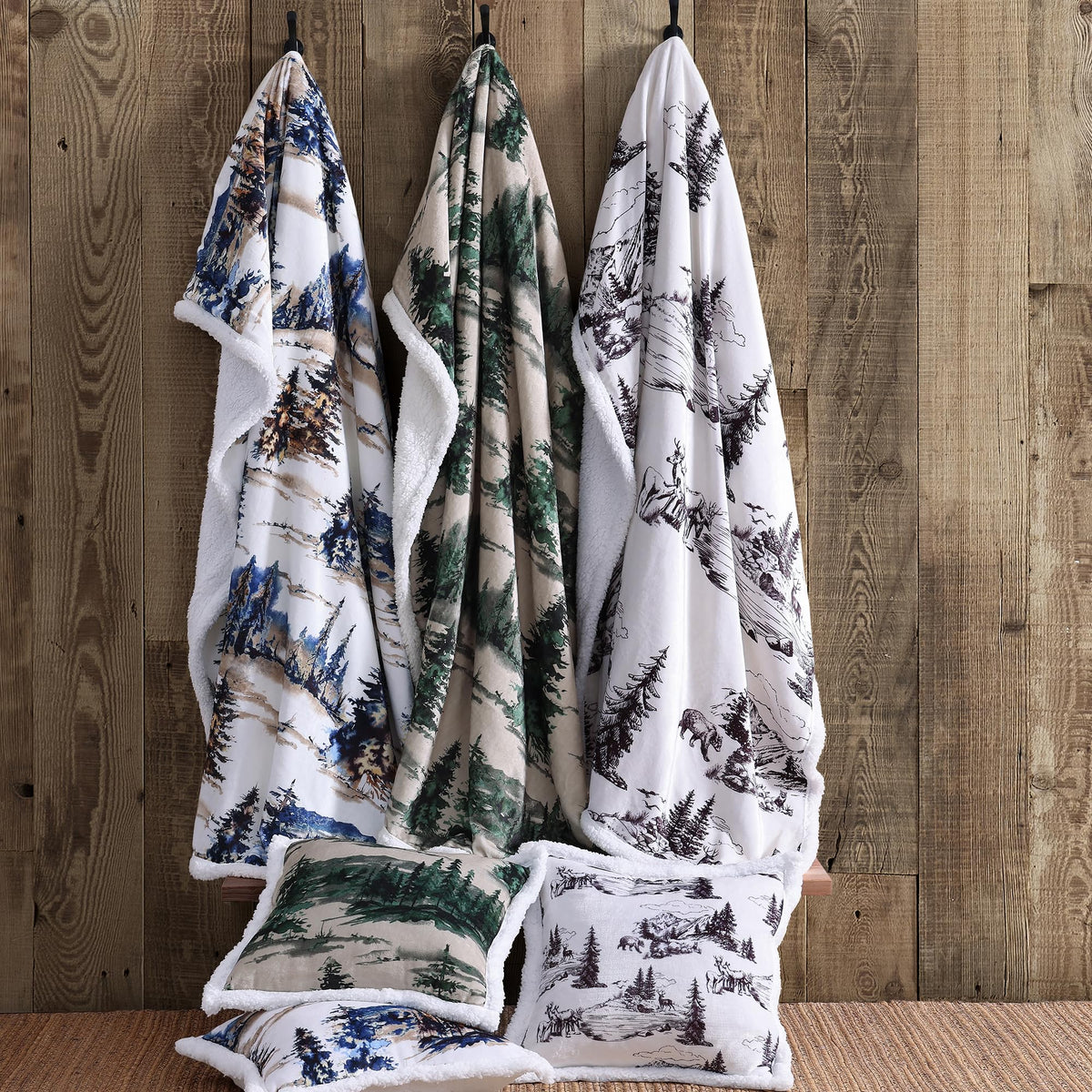 Paseo Road Indigo Hill by HiEnd Accents Joshua 3 Piece Sherpa Throw Blanket Set, Forest Pine Trees Nature Print Fleece Throw Set, Western Cabin Lodge Style, 1 Throw and 2 Pillows