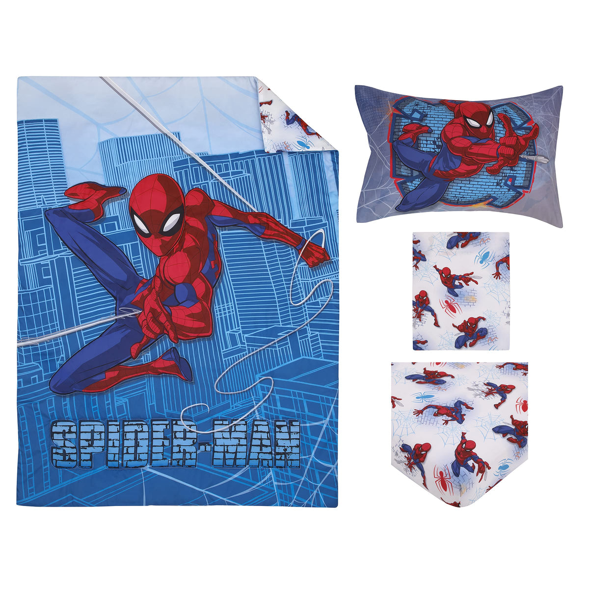 Disney Marvel Spiderman Wall Crawler Red, White, and Blue Spider Webs 4 Piece Toddler Bed Set - Comforter, Fitted Bottom Sheet, Flat Top Sheet, and Reversible Pillowcase