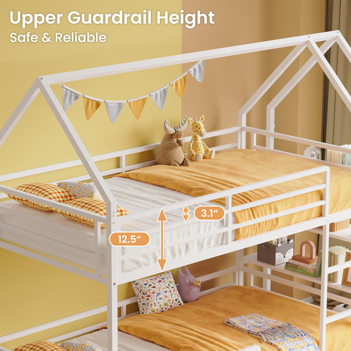 LIKIMIO Bunk Bed, Twin Bunk Beds with 3-Tier Storage Bookshelf, Bunk Bed Twin Over Twin, Metal House Bed Ladder and Safety Guardrail for Bedroom, Space Saving, No Box Spring Needed, White