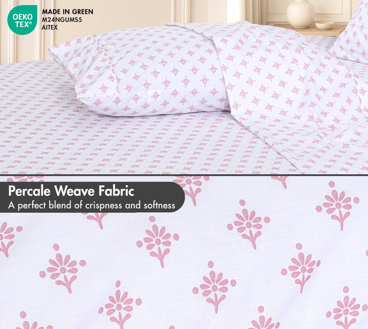 RUVANTI 100% Cotton Percale Sheets Queen Size, Block Print Motif