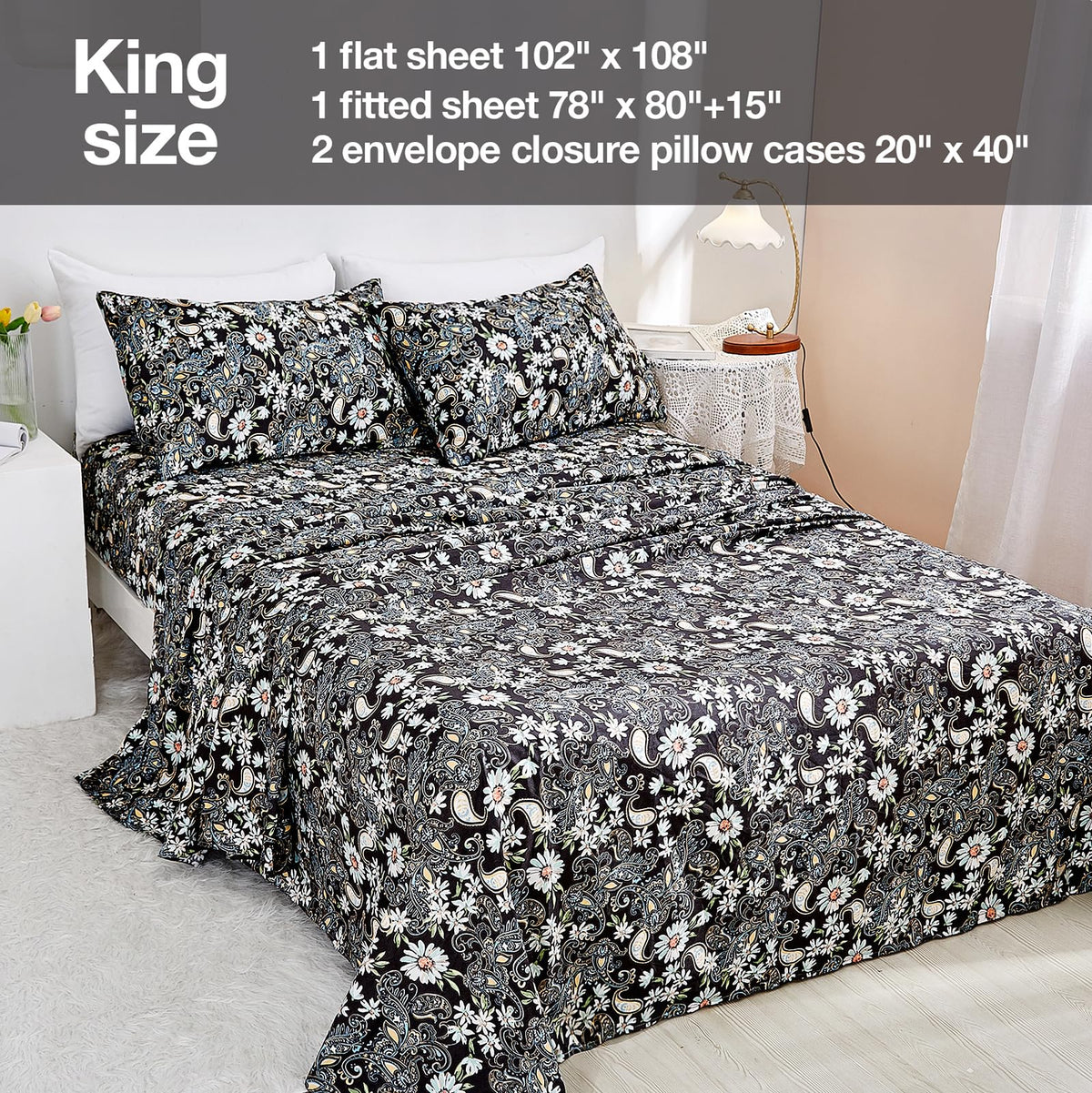 JSD Black Paisley Floral Printed Sheet Set King Size, 4 Piece Soft Pattern Microfiber Sheets Extra Deep Pocket