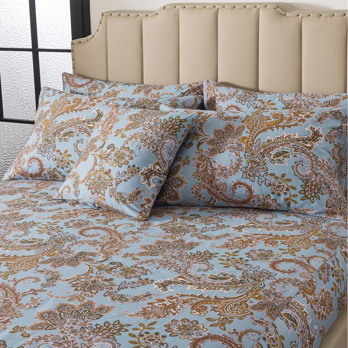 FADFAY Luxury Queen Percale Cotton Sheet Set – Elegant Vintage Blue Paisley Bedding, Ultra Soft & Breathable, Deep Pocket Fitted Sheet, Timeless French Country Heirloom Style, 4 Piece Set