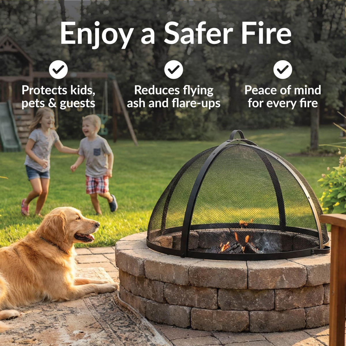 Sunnydaze Round Fire Pit Spark Screen Cover - Easy-Opening Outdoor Fire Pit Screen - Heavy‑Duty Steel Metal Mesh - 24" Diameter