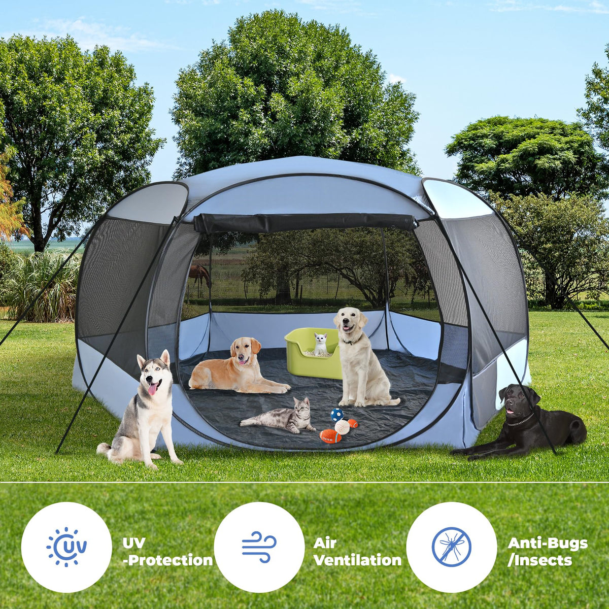 XXLarge Popup Portable Dog Houses, 10'x4.8'H Assembly-Free Gazebo-Style Kennel Dog Playpen Pet Screen Tent Sun Shade Shelter, Dog Crates Canopy for Travel Camping Anti-Bugs with Leakproof Bottom
