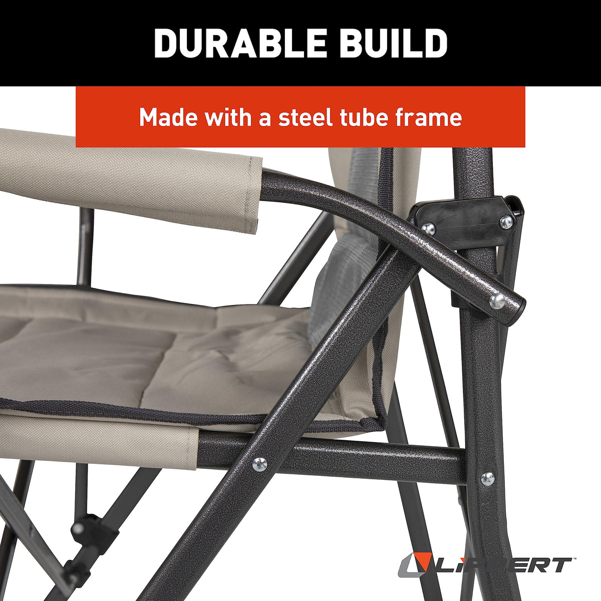 Lippert Components Scout Outdoor Folding Chair for Camping, Foldable, Steel Tube Frame, 600D Polyester, UV and Water Resistant PVC Coating, 500 lb. Weight Capacity, Sand - 2021123277